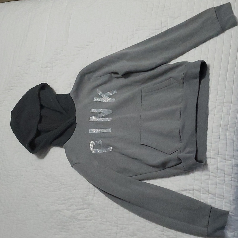 Pink, size small, grey hoodie